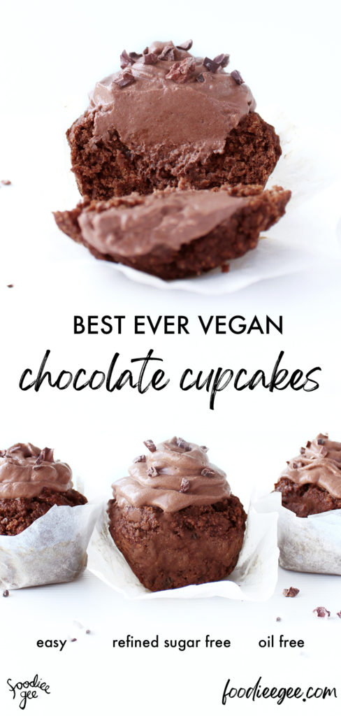 The best healthy, vegan chocolate cupcakes recipe with dairy free chocolate mousse frosting. Refined sugar free, oil free, gluten free, soy free, nut free dessert recipe 
