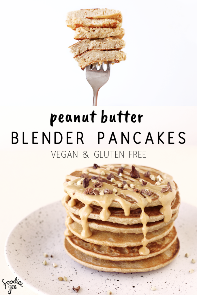 Healthy, easy vegan peanut butter blender pancakes. Oil free, sugar free, gluten free pancake stack.