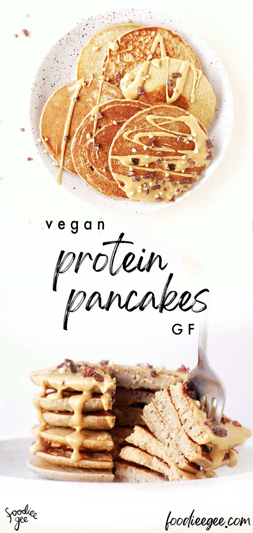 Quick & easy vegan protein pancakes (gluten free, oil free, refined sugar free, healthy and simple) with peanut butter! Delicious plant-based filling breakfast.