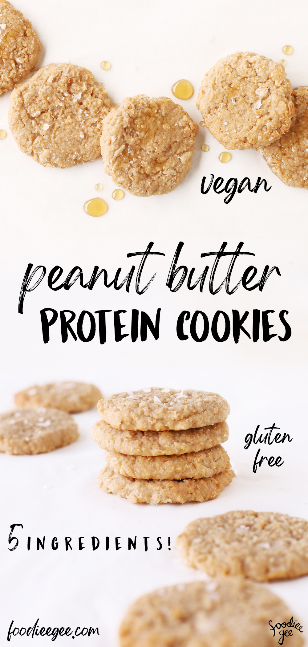 Easy protein vegan peanut butter cookies made with simple healthy plantbased pantry ingredients. Quick and simple refined sugar free, gluten free, oil free, flourless baking recipes.
