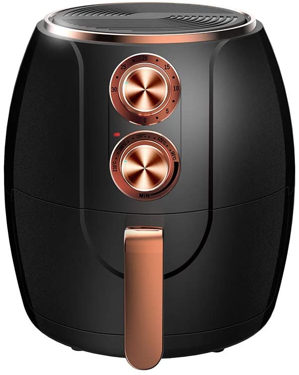 Stylish modern black air fryer machine with copper rose gold dials and dial