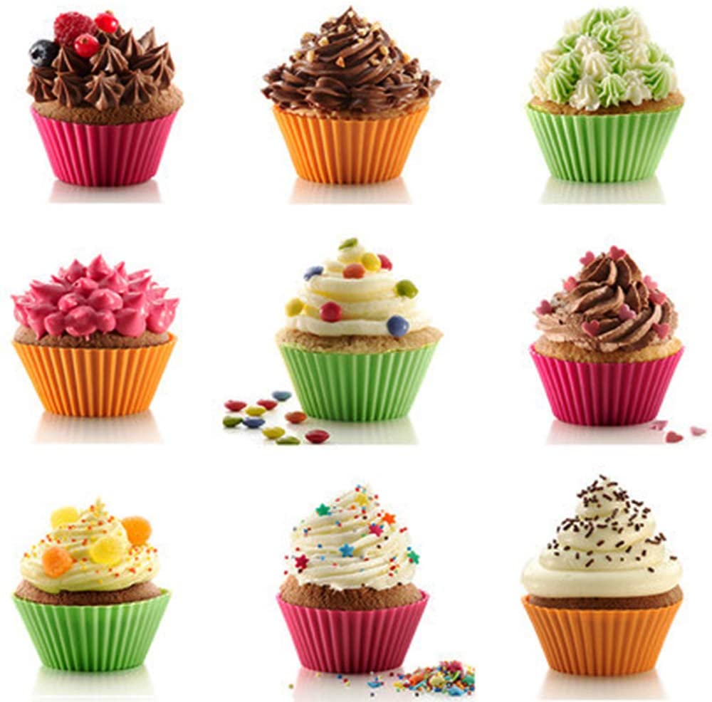 Fun colourful frosted cupcakes in bright colourful reusable silicone cupcake cases/liners