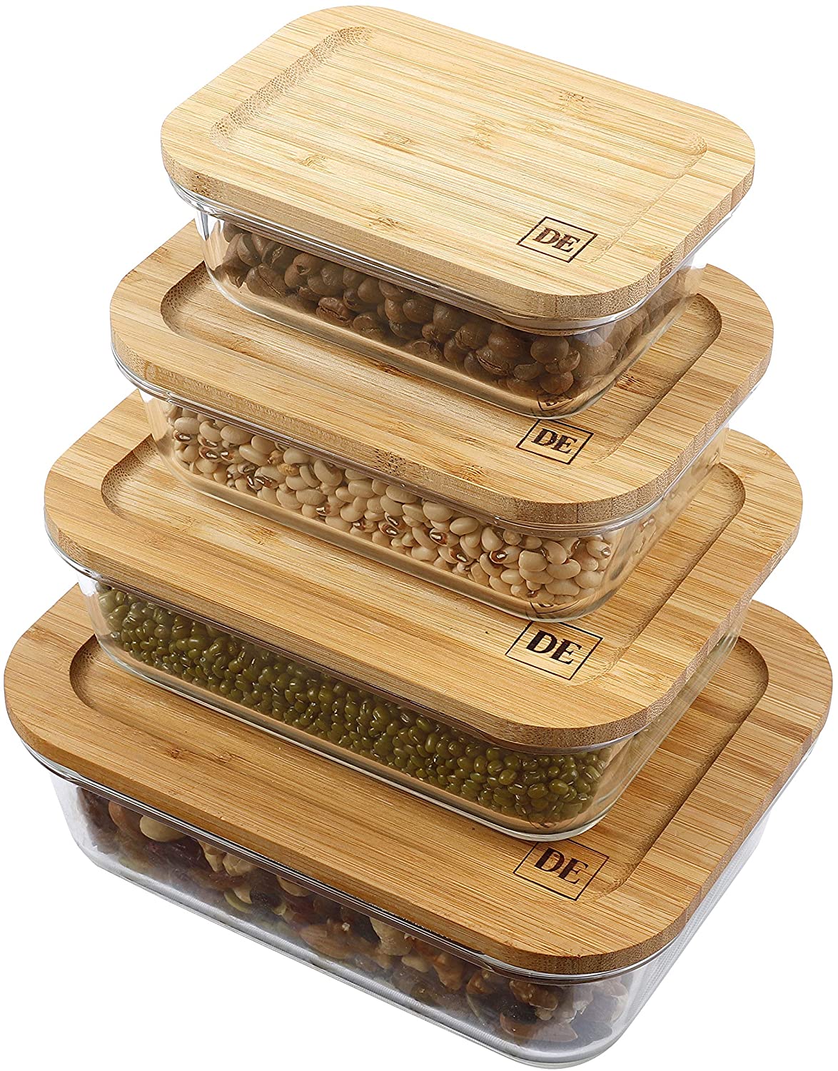 Glass food storage containers with bamboo lids filled with pantry staples, beans, dry ingredients, seeds etc.