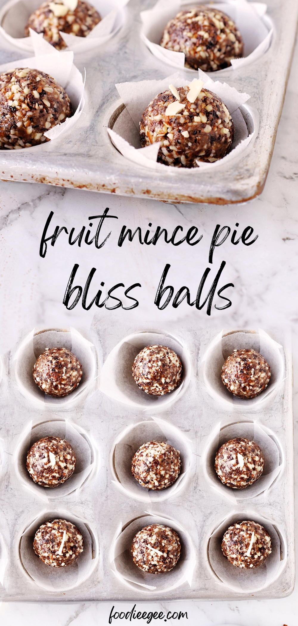 raw no-bake fruit mince pie truffle bliss balls in a silver tray with currants and dried fruit