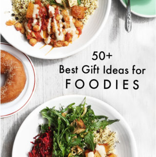 Text reading Best gift ideas for foodies in 2021 on a flatlay of colourful burrito salad bowls, donut and coffee at a cafe table
