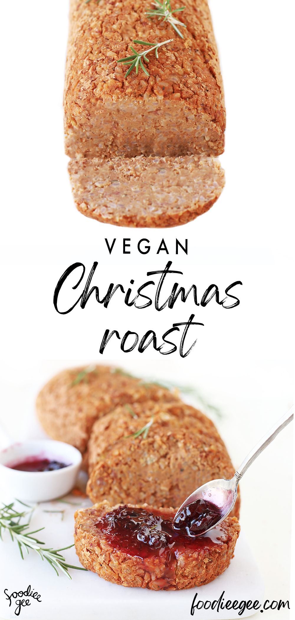 Vegan Christmas Roast 'turkey' meatloaf sliced with cranberry sauce or gravy