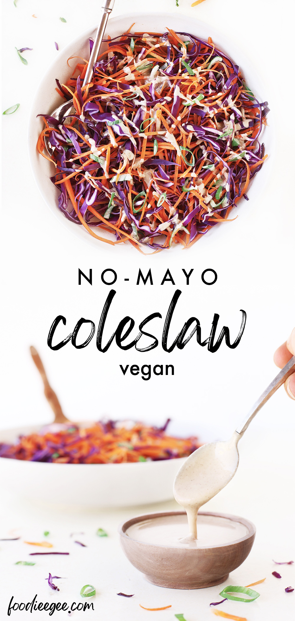 Vegan mayo free creamy coleslaw dressing with apple cider vinegar and no oil tossed into a healthy slaw salad with purple / red cabbage, carrot and spring onion