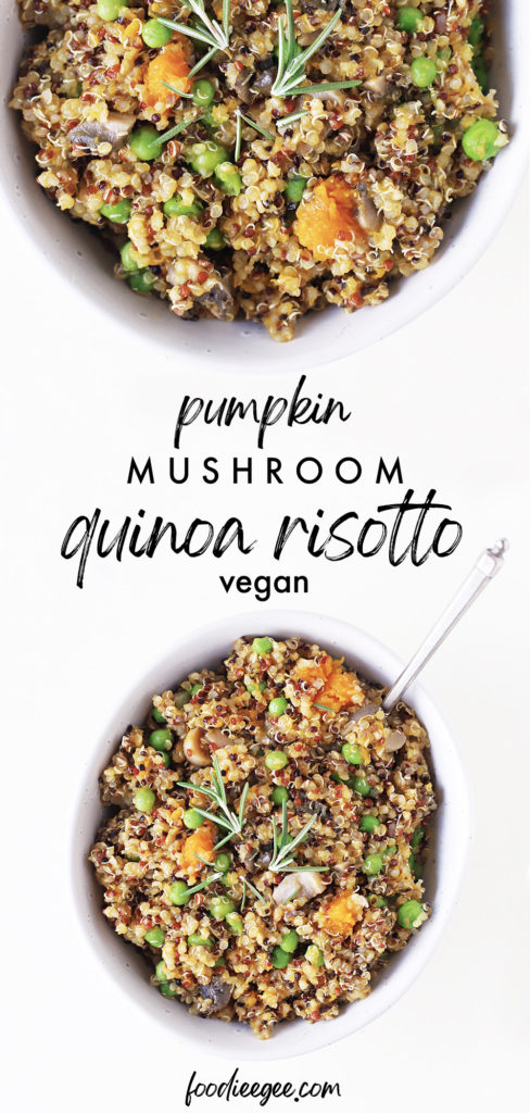 Creamy mushroom risotto with pumpkin, peas and quinoa for one of the best, healthy dinner recipes (without white wine). An easy plant based meal with vegetables and nutritional yeast dairy free parmesan recipe #veganrisotto #mushroomrisotto #pumpkinrisotto #butternutsquashrisotto #quinoarisotto #quinoa #vegandinner #healthydinner #easyvegandinner #creamymushroom #glutenfree #dairyfreeparmesan #veganparmesan #nutritionalyeast #rissotowithpeas #withoutwine #healthyvegan #plantbasedmeal #plantbased