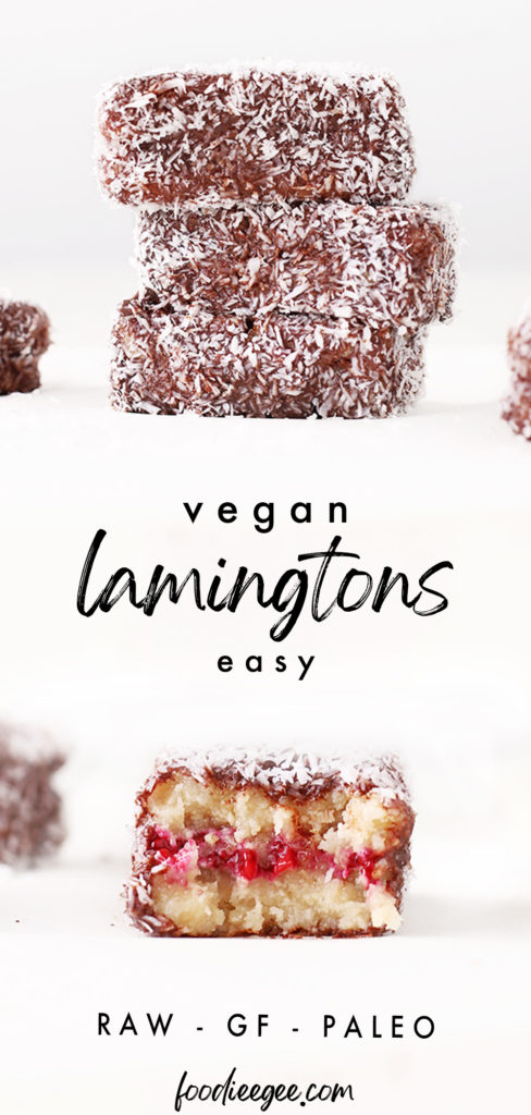No-bake vanilla sponge cake bites layered with raspberry chia jam, coated in vegan, dairy free chocolate and covered in desiccated coconut to represent the classic Australian lamington recipe