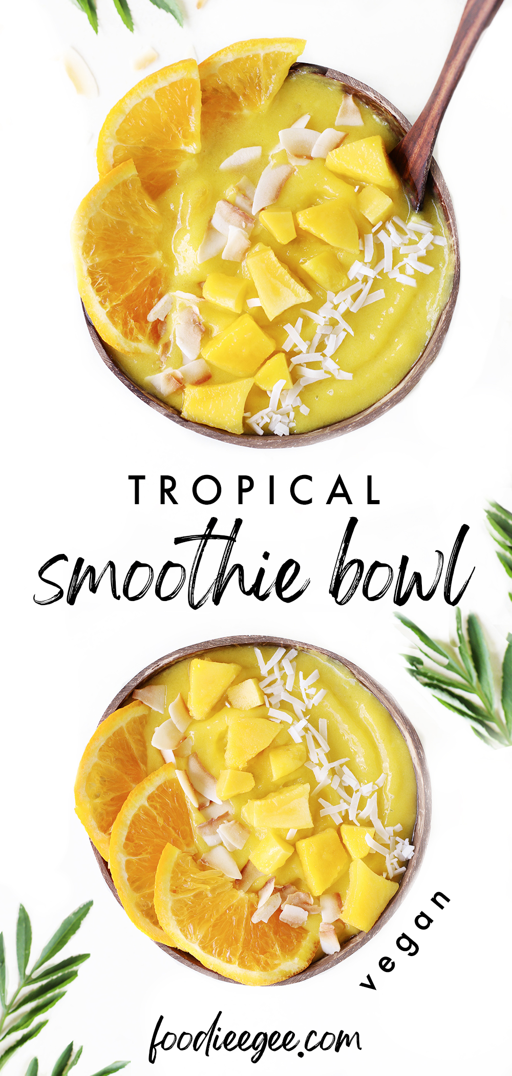 Vegan tropical pineapple mango smoothie bowl in a coconut bowl (without banana) orange slices, toasted coconut flakes and palm leaves for an easy healthy summer breakfast.