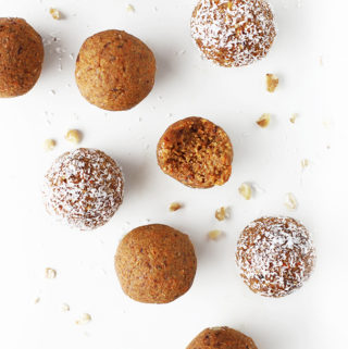 Vegan carrot cake bliss balls / energy balls with raisins/sultanas, walnuts, no dates, rolled in coconut for a healthy no-bake easter dessert