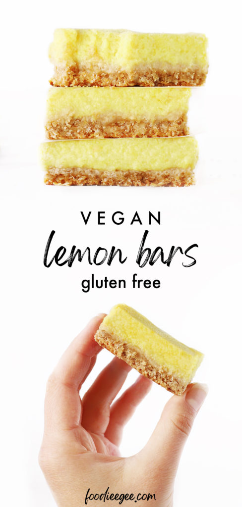 Stack of healthy vegan lemon bars with bite taken out of the top slice. Hand holding vegan healthy lemon bar with eggless lemon curd and buttery oatmeal crust