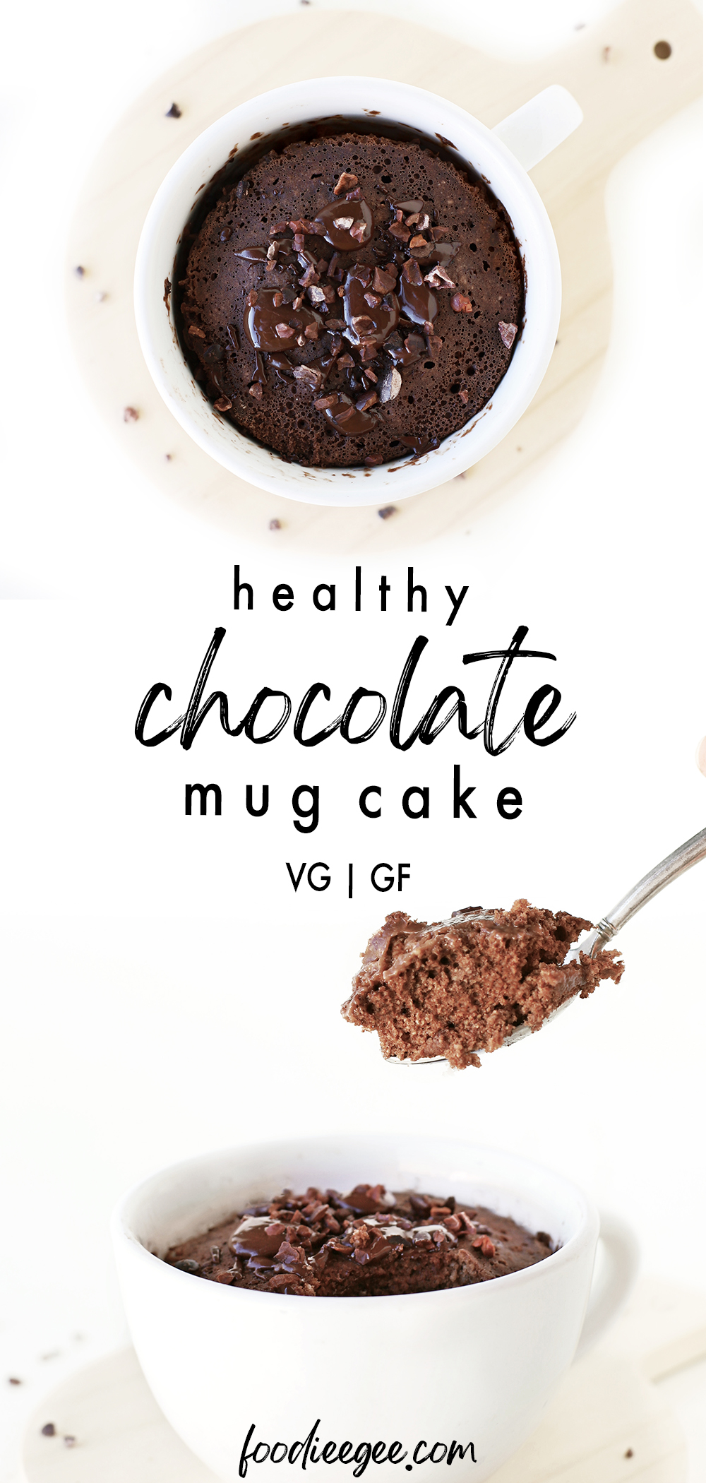 Gluten free vegan chocolate cake in a mug made in the mircowave. A fluffy, gooey, decadent refined sugar free chocolate with sea salt and melted chocolate