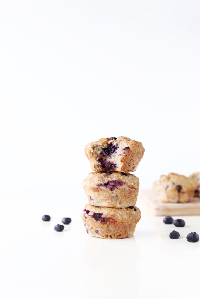 banana blueberry muffins in a stack